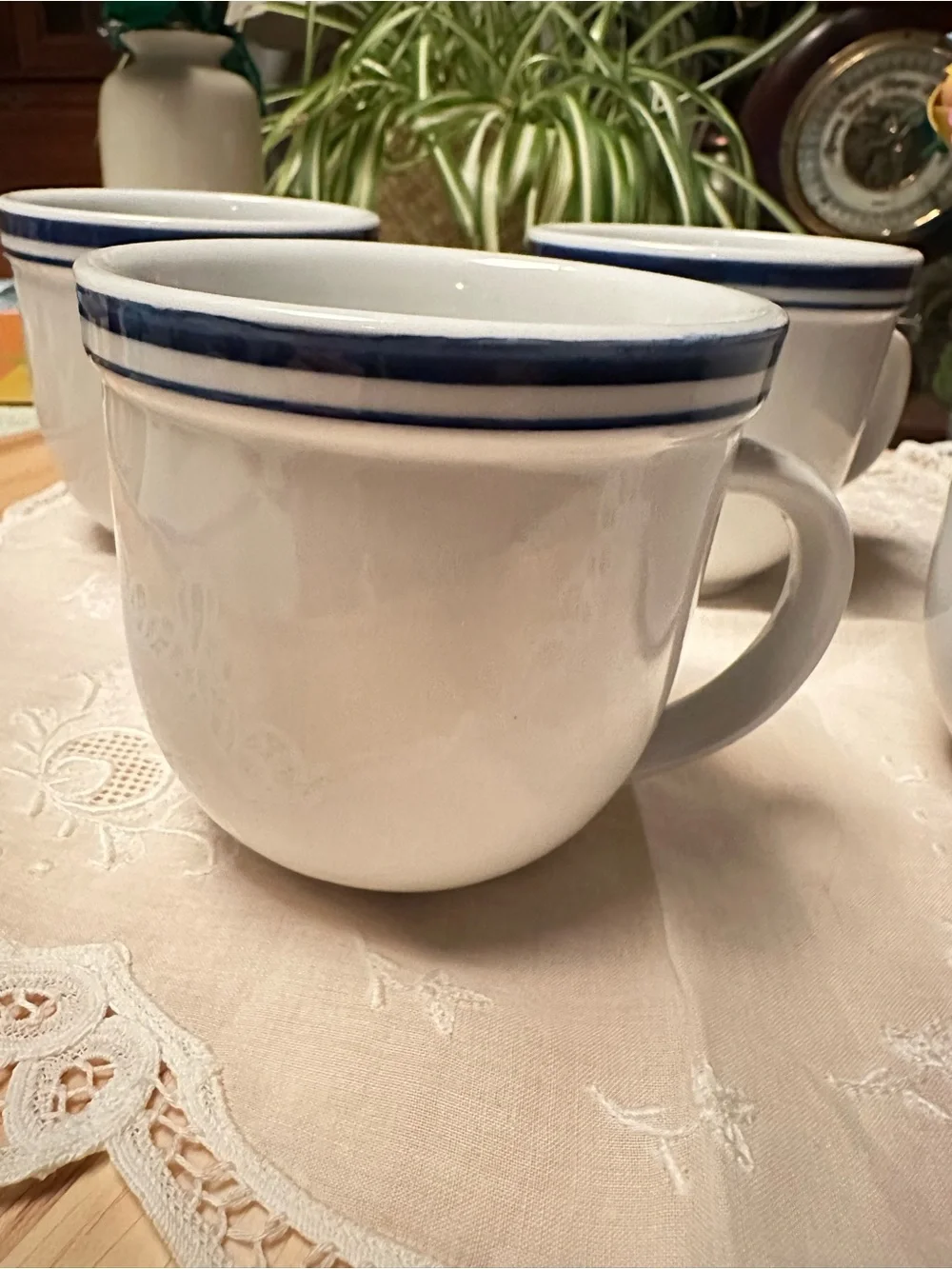 Vintage Pottery Barn Club Blue Coffee Mugs Set of 4 Double Stripe